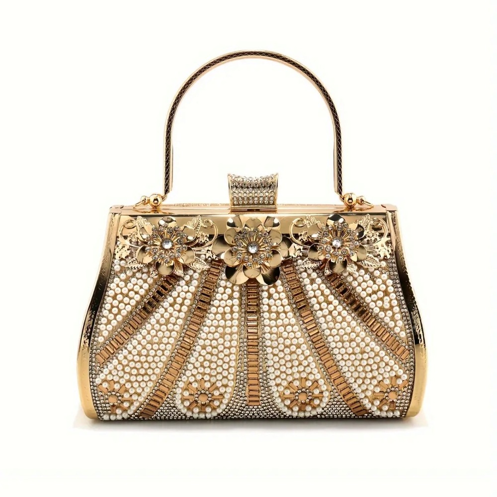 NIP Golden Evening Clutch with Rhinestones & Pearls Glittery Beaded Handbag f